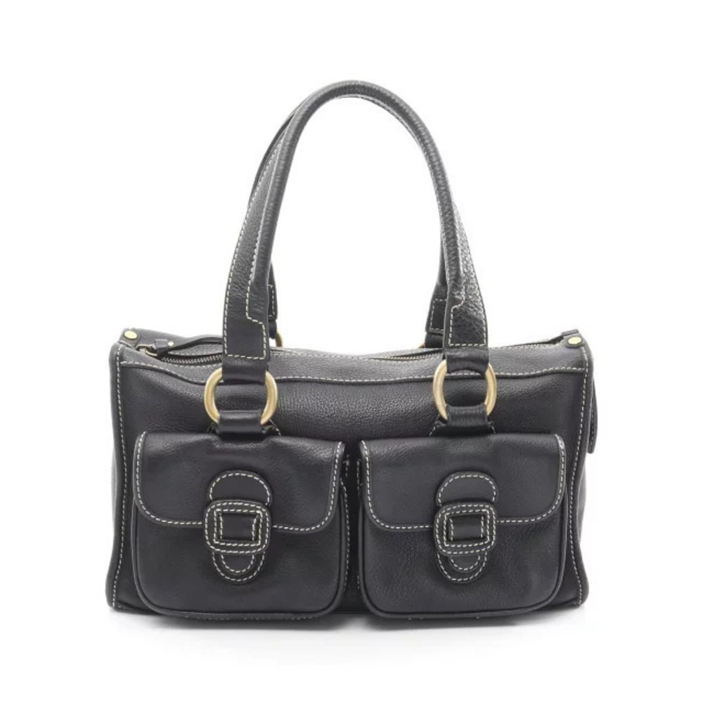 Celine black leather handbag white topstitching dual front flap